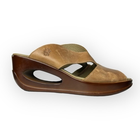 Fly London  Brown Slip On Cut Out Wedge Sandal - Picture 1 of 10